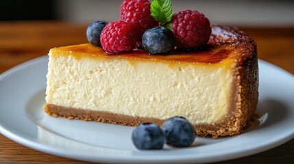 Slice of cheesecake with berries on a plate.