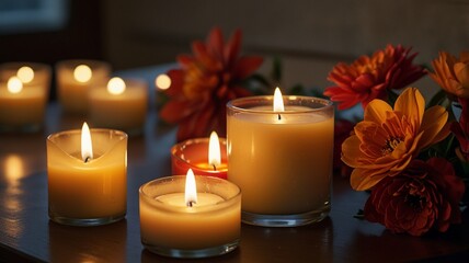 Romantic Candlelit Still Life with Red Rose Petals and Warm Glow.
