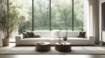 Modern minimalist living space with clean, elegant design. Featuring sleek lines and neutral hues