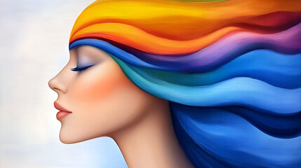 A vibrant portrait of a woman with flowing, multicolored hair, representing freedom and creativity.