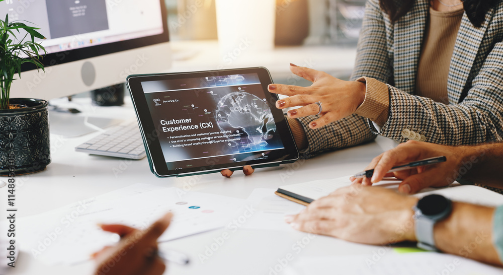 Aufkleber Business people, hands and tablet screen with UI for AI software or user friendly interface. Closeup, web designer or employees with technology display for global network, UX or customer experience