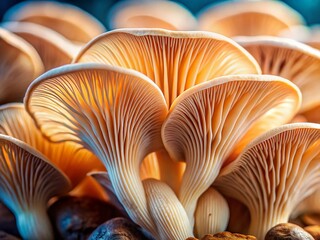 Close-up Tilt-Shift Photo of Oyster Mushroom Gills: Delicate Texture and Spore Detail