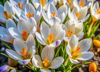 Naklejka premium Close-Up Top View of White Crocus Vernus Flowers Blooming in Sunny April Sunlight