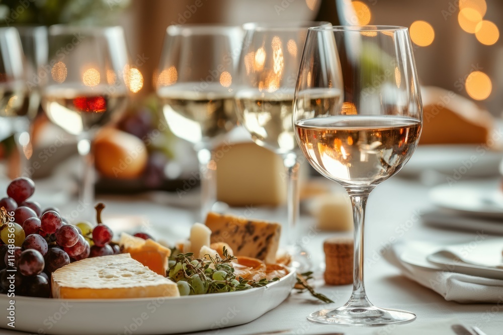 Poster elegant dining setup with wine glasses and gourmet cheese platter at a cozy gathering. generative ai