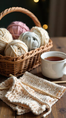 A cozy still life of knitting supplies on a wooden table