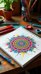 Fototapeta premium Colorful Mandala Art with Paint Splashes on a Sketchbook