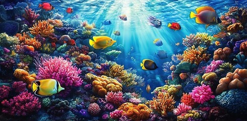 Obraz premium A vibrant coral reef teeming with colorful fish, sunlit and shimmering under the sea surface.