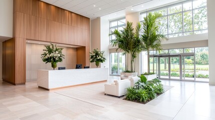 Modern spacious lobby with reception desk, seating, and large windows.