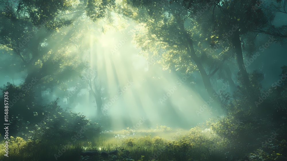 Wall mural light rays shining through a misty forest, creating an ethereal atmosphere