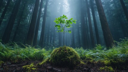 Obraz premium Small tree growing in a misty forest.