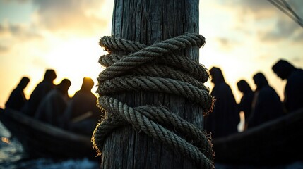 Fishermen preparing for a sunset harvest near a coastal village in calm waters