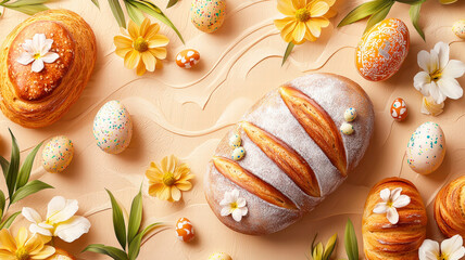 A modern Easter promotion for a bakery featuring freshly baked goods like Easter bread and pastries adorned with floral accents, realistic style, perfect for seasonal marketing and enticing visuals.