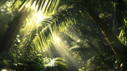 Close up of a lush green palm frond with sunlight shining through. Frond. Illustration