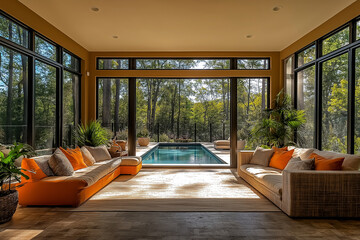 Jardin d’Hiver Contemporain avec Grandes Fenêtres en Verre, Sièges Confortables, Plantes Luxuriantes et Lumière Naturelle Douce, Ambiance Lumineuse et Relaxante