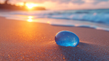 vibrant collection of colorful sea glass sparkles on the sandy beach at sunset, symbolizing transformation, resilience, and the beauty of nature's artistry. A serene ocean travel and summer escape sce