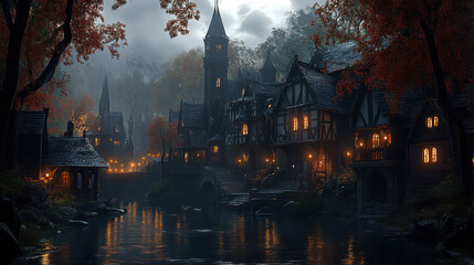 Obraz premium Enigmatic Medieval Fantasy Village Shrouded in Mystical Evening Glow by the River