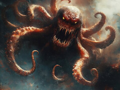 Terrifying monster with tentacles, sharp teeth. Horrific presence fills image. Dark colors, surreal atmosphere create image evoking nightmare. Creature appears ancient, powerful. Likely from deep sea
