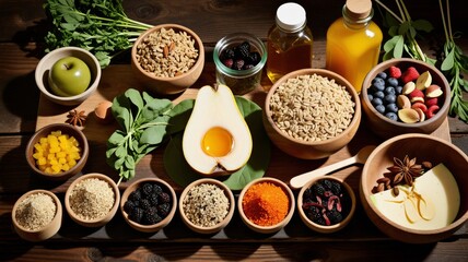 Healthy food selection on rustic wooden background