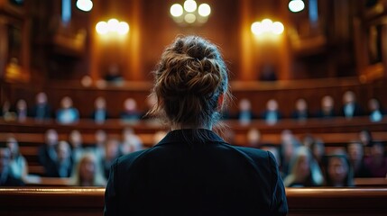 A photograph of a judge standing in front of a courtroom full of trial participants, representing law and justice.