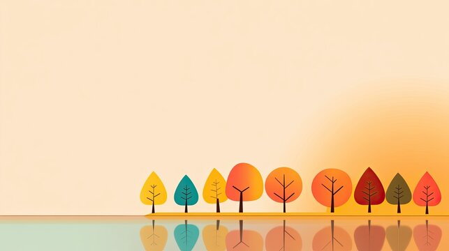 Vibrant Autumn Landscape with Colorful Trees and Calm Water Reflection in Minimalist Style Perfect for Nature and Seasonal Themes