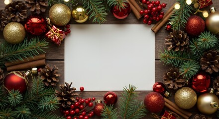 Obraz premium Festive Christmas decorations frame blank space, featuring pinecones, ornaments, and greenery, creating warm and inviting holiday atmosphere.