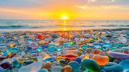 vibrant collection of colorful sea glass sparkles on the sandy beach at sunset, symbolizing transformation, resilience, and the beauty of nature's artistry. A serene ocean travel and summer escape sce
