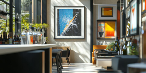 Modern bar interior with artwork, plants, and natural light