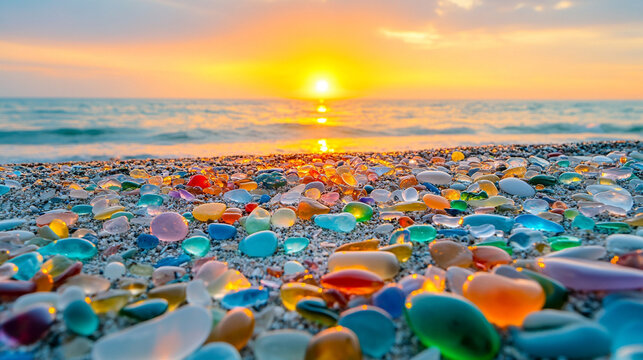 vibrant collection of colorful sea glass sparkles on the sandy beach at sunset, symbolizing transformation, resilience, and the beauty of nature's artistry. A serene ocean travel and summer escape sce