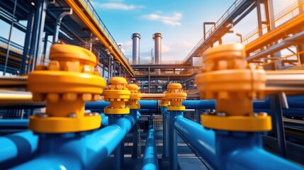 Industrial Pipes and Valves in Modern Oil Refinery with Blue and Yellow Colors, Connected Networks, and Advanced Technology Under Clear Sky Conditions