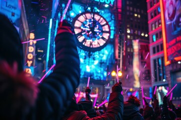 New Year countdown clock skyscraper massive crowd glow sticks celebration