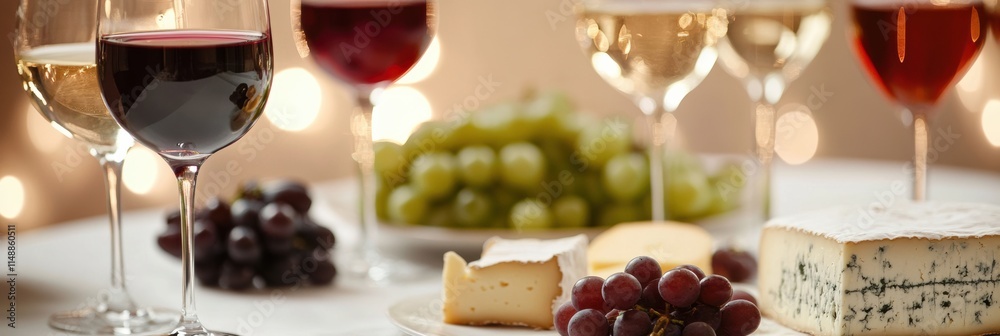 Aufkleber elegant tabletop setting features wine glasses, assorted cheese, and fresh grapes for a delightful g