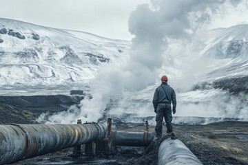 Obraz premium A professional photograph of an engineer inspecting a geothermal steam pipe in a remote area, with steam rising behind