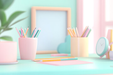 Aesthetic office desk setup with colorful stationery and plants