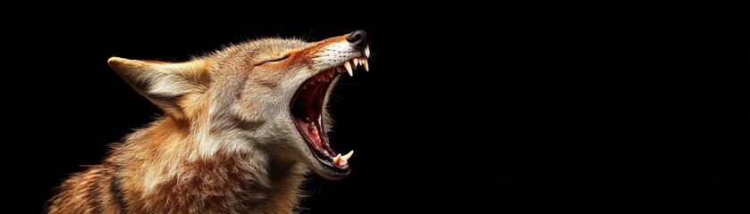Fototapeta premium A fierce coyote howls with its mouth wide open against a dark background, showcasing its sharp teeth and expressive features.