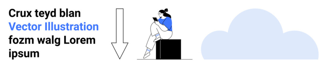 Young woman reading a book while seated on a box beside a large arrow pointing downwards. Background includes a large blue cloud. Ideal for education, technology, cloud computing, minimalistic