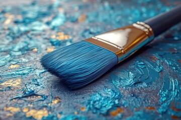 Fototapeta premium Vibrant blue paintbrush resting on textured surface with colorful paint splatters in background