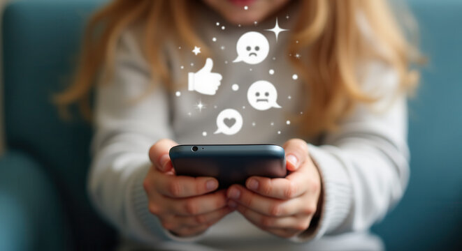 Child holds phone in hands with notifications 