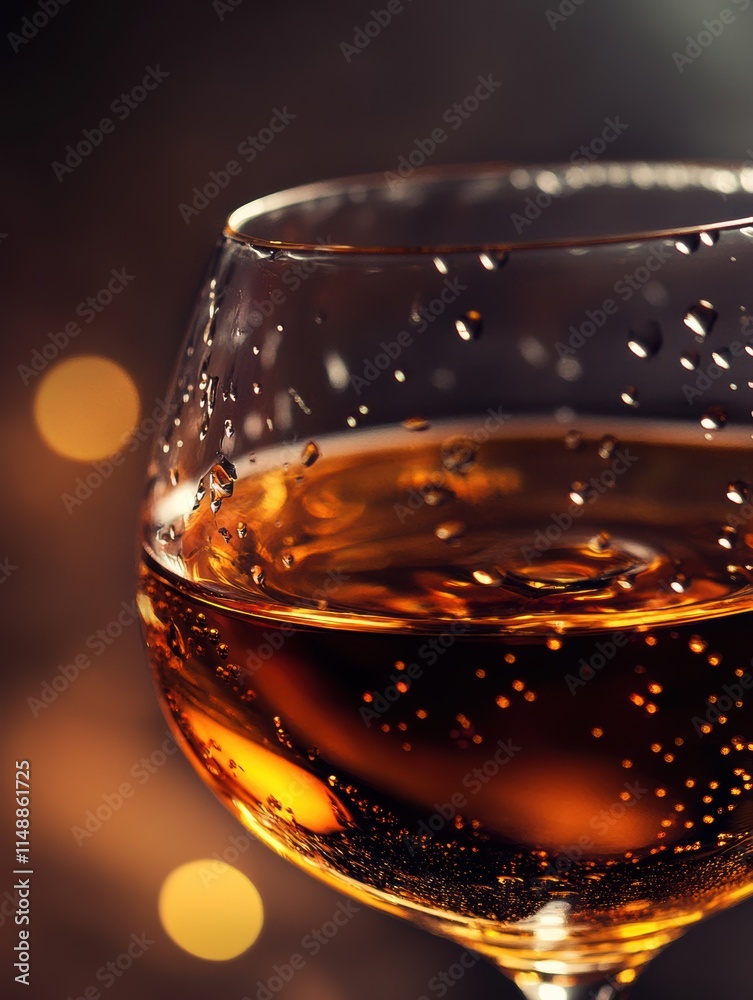 Poster Sparkling drink fills a glass with drops of condensation and glowing bokeh background creating a warm atmosphere for enjoyment. Generative AI