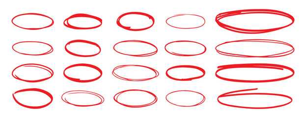 red pen hand drawn doodle marks, red circle and oval stroke set. Outline red drawing line clipart symbol
