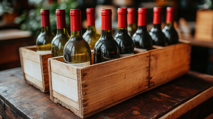 A collection of wine bottles arranged in rustic wooden cases, with a blurred effect evoking themes of chaos, indulgence, and fleeting moments. Symbolizes choice, celebration, and the passage of time.

