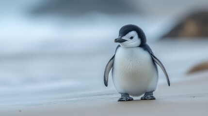 Naklejka premium Adorable fluffy penguin chick on beach near ocean waves.