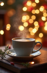 Fototapeta premium White coffee cup on wooden table on blurred background