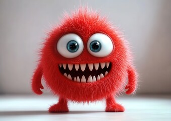 Naklejka premium Cute red monster with a fluffy fur texture, large eyes and teeth
