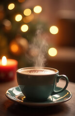 Fototapeta premium Coffee cup on wooden table on blurred background