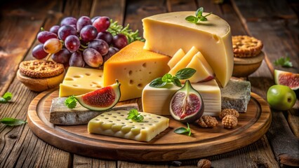 Cheese Platter with Emmental, Brie, and Gouda on Rustic Wooden Board