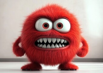 Fototapeta premium Cute red monster with a fluffy fur texture, large eyes and teeth