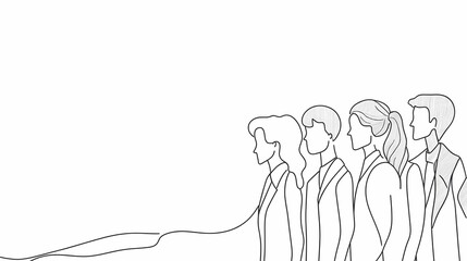 Obraz premium One-line drawing of a business team working together, simple linear style with outline black lines on a white background, banner for company meetings