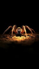 Fototapeta premium A close-up image of a spider with a focused light illuminating its features against a dark, contrasting background.