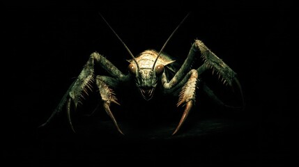 A dark, eerie insect with elongated limbs and a menacing appearance, set against a black background.