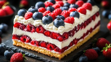 Delicious berry layer cake with cream and fresh fruits